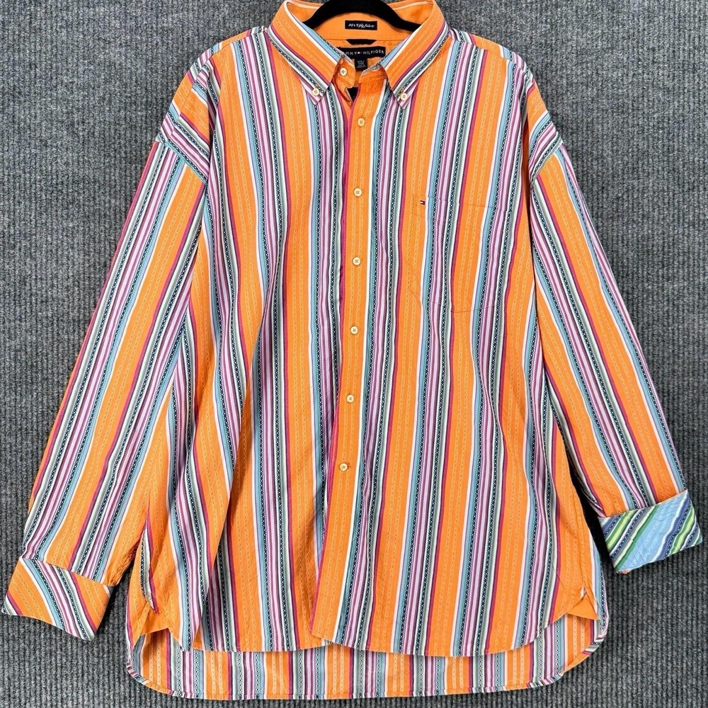 Vintage Tommy Hilfiger Stripe Button Down Shirt Flip Cuff XXL Mens 2 Ply Office